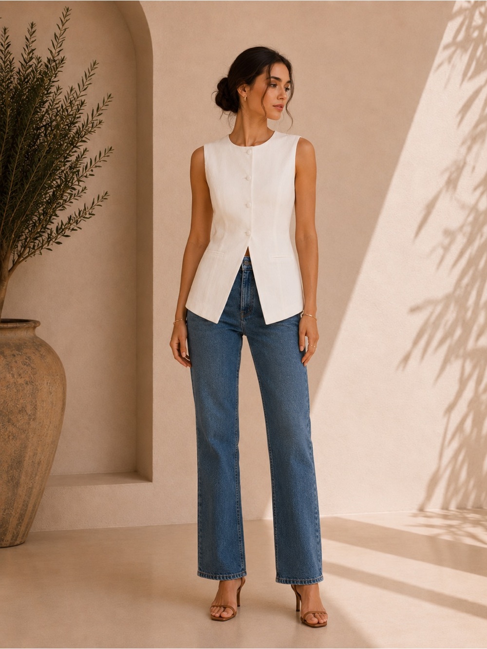 Commense Cream Sleeveless Buttoned Vest